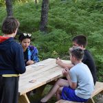 Campers sitting at picnic table