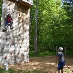 Two people rock climbing on a man made wall